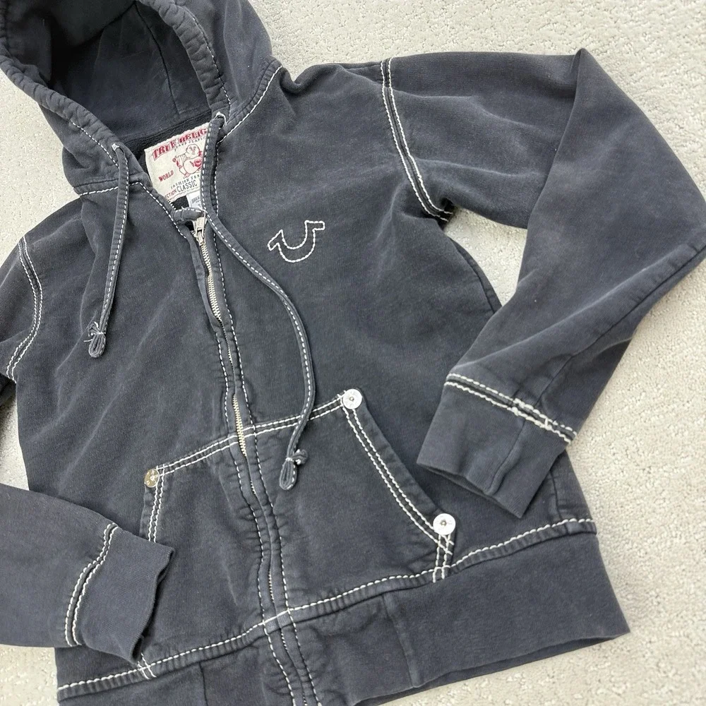 True Religion Y2K Classic Zip Hoodie‎ Faded Black Contrast Stitch USA S $168